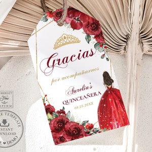 EDITABLE TEMPLATE Favor Tag, Chic Red Floral Flowers Quinceaneara 15th Birthday Sweet 16 Gold Crown Princess Printable INSTANT Download QC13