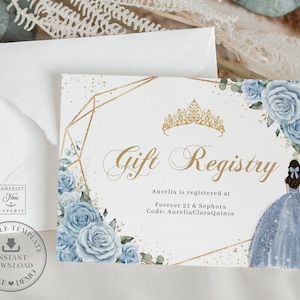 Baby Blue Floral Gold Quinceañera Gift Registry Card Afdrukbare BEWERKBARE SJABLOON Prinses Vlinders Mis Quince Sweet 16e verjaardag QC18