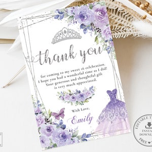 Purple Lilac Floral Dress Silver Sweet Sixteen Thank You Card EDITABLE TEMPLATE,  Butterflies Crown Quinceañera 16th Birthday Printable QC3