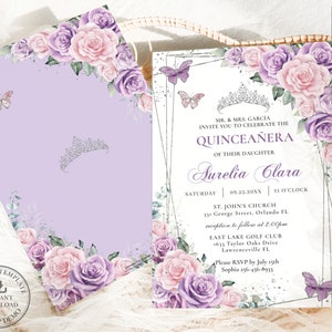 Purple Lilac Pale Pink Floral Butterflies Quinceañera Invitation EDITABLE TEMPLATE Quince 15 XV 16th Birthday Download Printable File QC58