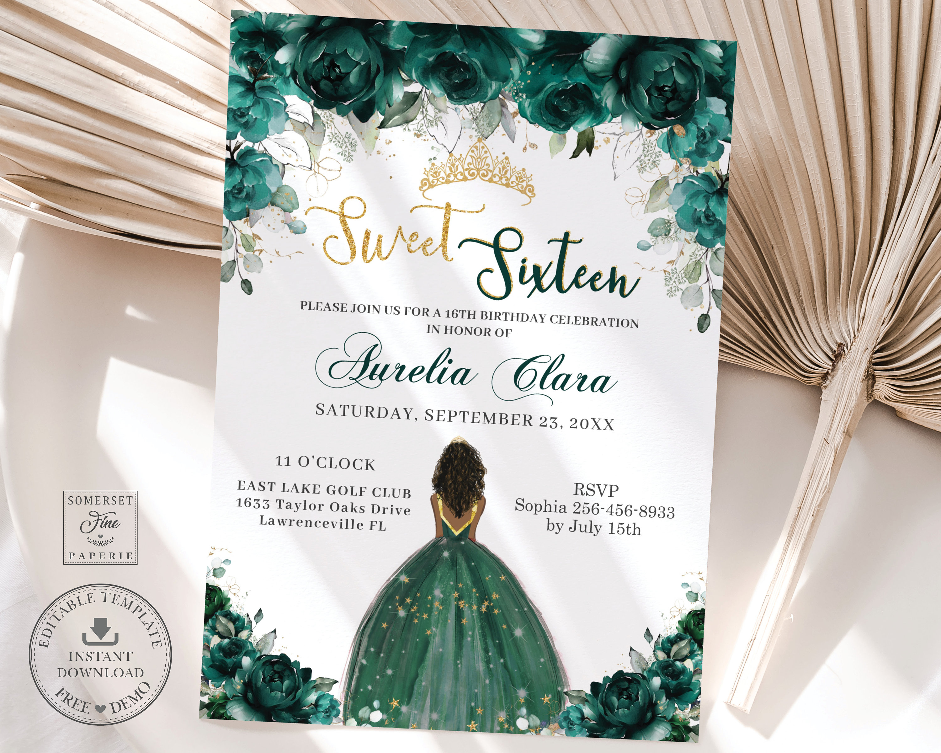 Emerald Green Floral Sweet Sixteen Invitation Printable, INSTANT