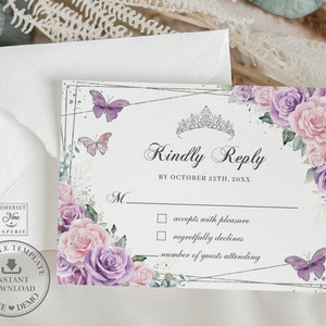 Purple Lilac Pink Floral Butterflies Silver Quinceañera RSVP Card Printable EDITABLE Template Quince 15 XV Anos 16th Birthday Download QC58