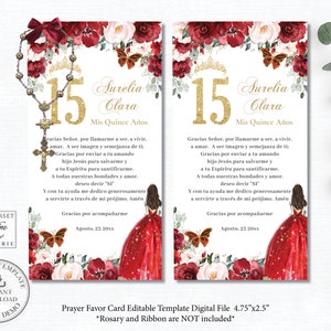 Prayer Card Rosary Favor Red Blush Pink Floral EDITABLE TEMPLATE Quinceañera Quince Birthday Gold Crown Butterflies Printable Download QC88