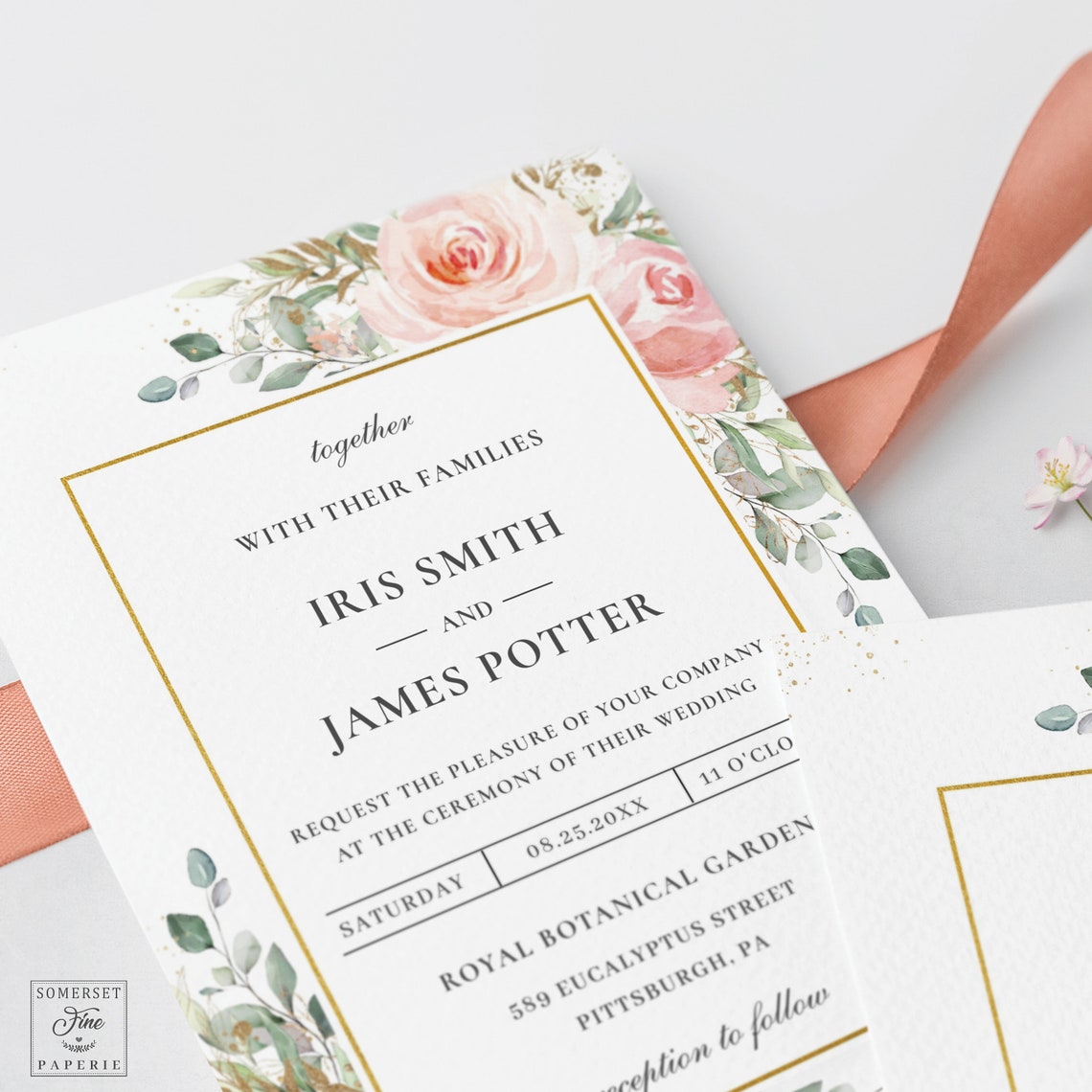 EDITABLE TEMPLATE Floral Wedding Invitation Blush Pink