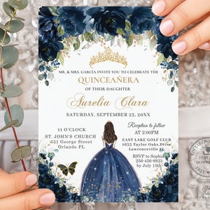 Navy Blue Floral Princess Gold Quinceañera Invitation INSTANT DOWNLOAD, Mis Quince 15 Anos 16th Birthday EDITABLE Template Printable, QC17