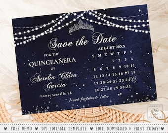 May include: Navy blue "Save the Date" card for a Quinceañera. The design features a tiara, string lights, and a calendar for August 20XX. The card is for Aurelia Clara Garcia of Lawrenceville, FL.