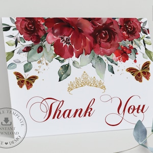 Rote Blumen Gold Krone Schmetterlinge Quinceañera gefaltet Dankeschön Karte EDITIERBARE VORLAGE, Mis XV 16. Geburtstag Instant Download Printable QC13
