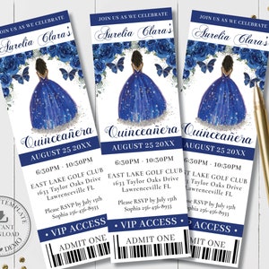 Royal Blue Floral Brown Princess Silver Quinceañera Ticket Invitation EDITABLE TEMPLATE Mis Quince 15 XV 16 Birthday Download Printable QC16