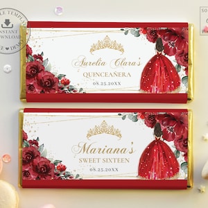 Red Floral Gold Crown Princess Chocolate Bar Wrapper EDITABLE TEMPLATE, Quinceanera 16th Birthday Aldi Hershey&#39;s Candy Label Printable, QC13