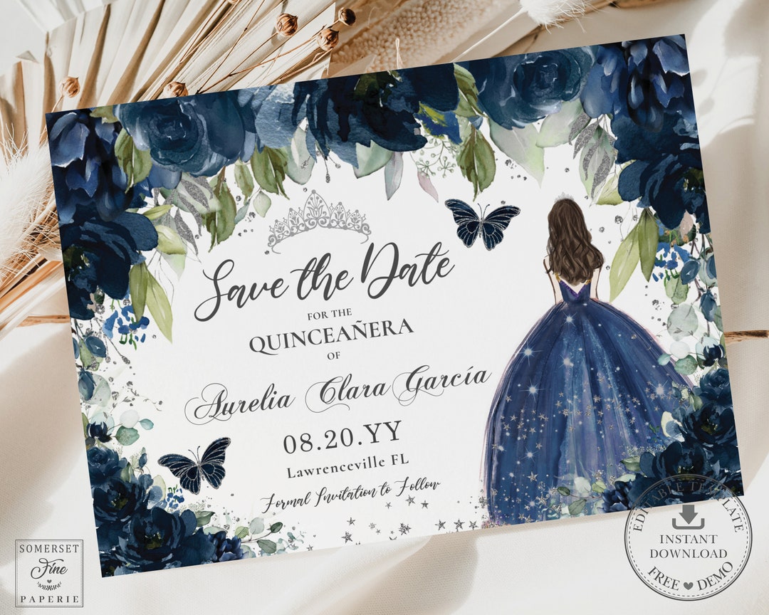Navy Blue Floral Silver Quinceañera Save the Date Card INSTANT DOWNLOAD Navy Blue Floral Silver Quinceañera Save the Date Card INSTANT DOWNLOAD