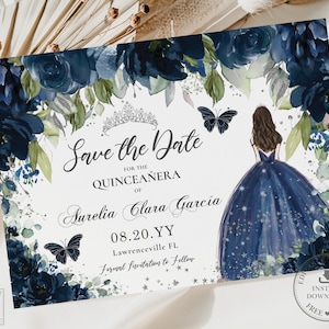 Navy Blue Floral Silver Quinceañera Save the Date Card INSTANT DOWNLOAD Princess Tiara Roses Mis Quince 15th Birthday EDITABLE Template QC17
