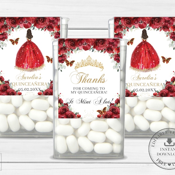 Red Floral Gold Princess Dress Tic Tac Labels Printable EDITABLE TEMPLATE 15 Quinceañera 16th Birthday Mints Sticker Favors Download QC13