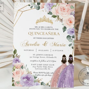 Lilac Blush Floral Quinceañera Invitation INSTANT DOWNLOAD, Mis Quince 15 Twins Sisters Rose Gold Birthday Invite Diy Editable Template QC41