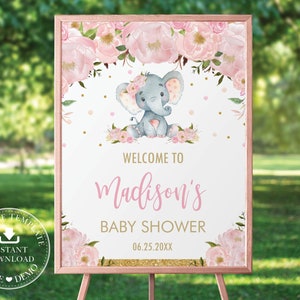 Roze bloemen olifant welkom teken, BEWERKBARE SJABLOON, Olifant Baby Douche Verjaardag Party Poster Decor Pdf Afdrukbaar, INSTANT Download, EP5