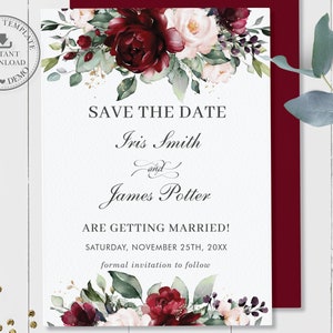 Save the Date Card INSTANT DOWNLOAD, Romantic Rustic Burgundy Blush Pink Floral Wedding, Diy EDITABLE Template, Pdf Bridal Printable, RB1