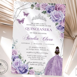 Invitación de quinceañera con flores color lavanda, lila, morado y plateado, plantilla editable, princesa quinceañera, 15, 16 cumpleaños, imprimible, descarga instantánea, QC37