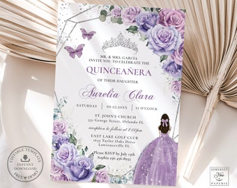 Lavender Lilac Purple Floral Silver Quinceañera Invitation EDITABLE TEMPLATE Princess Quince 15 16 Birthday Printable INSTANT Download QC37