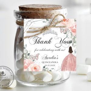 EDITABLE TEMPLATE Quinceañera Favor Tags Blush Pink Floral Rose Gold Dress Princess 15th 18th Birthday Sweet 16 Gold Tiara Printable QC7
