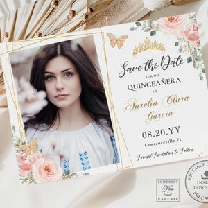 Blush Pink Roses Floral Quinceañera Save the Date Postcard Printable 5.5"x4.25" INSTANT DOWNLOAD Mis Quince Birthday EDITABLE Template QC7