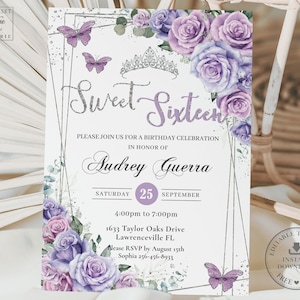 Lavender Lilac Purple Floral Sweet 16 Invitation INSTANT DOWNLOAD, Butterflies Silver Sixteen 16th Birthday Editable Template Printable QC37