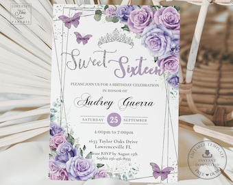 May include: Purple and white floral Sweet Sixteen birthday invitation with a silver glitter crown and butterflies. The invitation includes the text "Sweet Sixteen", "Please join us for a birthday celebration in honor of Audrey Guerra", "Saturday 25 September", "4:00pm to 7:00pm", "1633 Taylor Oaks Drive Lawrenceville FL", "Please RSVP by August 15th", and "Sophia 256-456-8933".