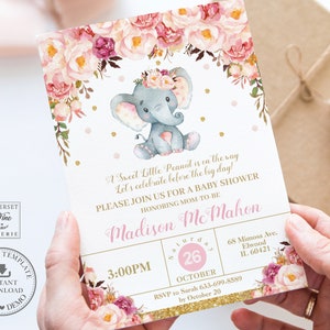 Blush Pink Floral Elefant Baby-Dusche-Einladung druckbare, EDITIERBARE VORLAGE, Dschungel Safari niedliche wunderliche Blumen, INSTANT Download, EP3