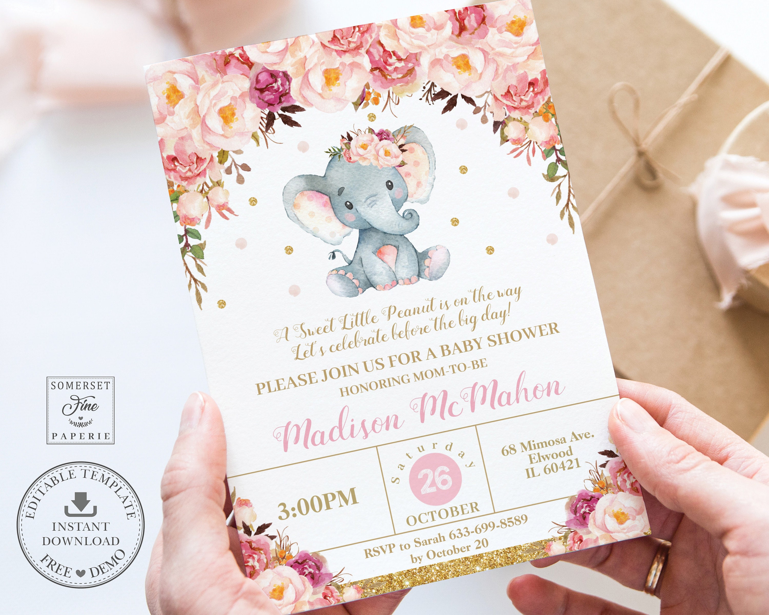 Blush Pink Floral Elephant Baby Shower Invitation Printable, EDITABLE ...