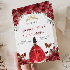 Red Floral Princess Dress Gown Gold Quinceañera Program Printable EDITABLE TEMPLATE Padrinos Damas Order of Events Quince 15 Birthday QC13