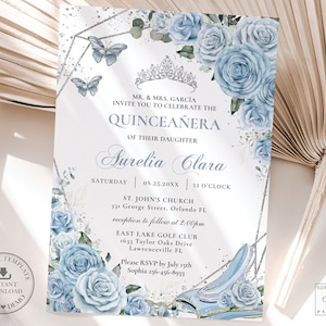 Baby Blue Floral Cinderella Silver Quinceañera Invitation INSTANT DOWNLOAD, Mis Quince 15 Anos 16 Birthday Printable EDITABLE Template QC18