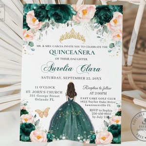 Emerald Green Blush Floral Gold Quinceañera Invitation INSTANT DOWNLOAD Quince 15 16th Birthday Invites Editable Template Printable QC20