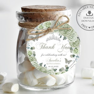 EDITABLE TEMPLATE 2" Circle Favor Label, Sage Green Floral Butterflies Quinceaneara 15th Birthday Sweet 16 Printable INSTANT Download QC43