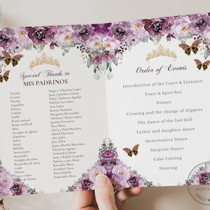 Mauve Plum Purple Floral Butterflies Quinceañera Program Printable EDITABLE TEMPLATE Padrinos Damas Order of Events Quince 15 Birthday QC14