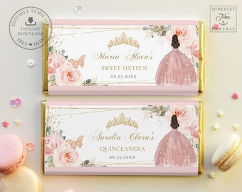 Blush Pink Floral Rose Gold Dress Chocolate Bar Wrapper EDITABLE TEMPLATE Quinceanera 16th Birthday Aldi Hershey's Candy Label Printable QC7