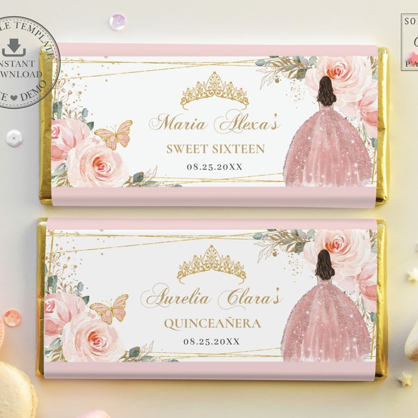 Blush Pink Floral Rose Gold Dress Chocolate Bar Wrapper EDITABLE TEMPLATE Quinceanera 16th Birthday Aldi Hershey's Candy Label Printable QC7