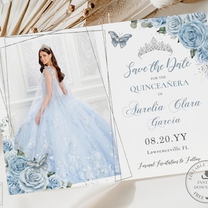 Baby Blue Floral Butterflies Quinceañera Save the Date Postcard Printable EDITABLE TEMPLATE 15 Mis Quince 16 Birthday INSTANT Download QC18