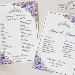 Roxo Lilás Lavanda Floral Prata Quinceañera Mis Padrinos Lista para impressão MODELO EDITÁVEL, Corte de Honor Aniversário Download INSTANTÂNEO QC37