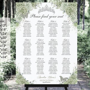 EDITABLE Sage Green Floral Silver Quinceañera Seating Chart Light Soft Butterflies Mis Quince 15 Anos 18th 16th Birthday Printable File QC43