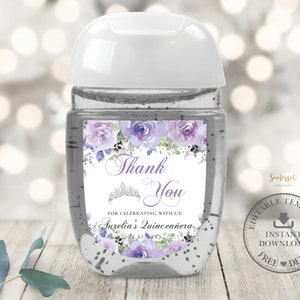 Etiquetas desinfectantes de manos de Quinceañera floral lila púrpura, PLANTILLA EDITABLE, PocketBac 15º 16º cumpleaños favorece descarga instantánea imprimible QC3