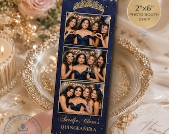May include: A 2-inch by 6-inch photo booth strip template featuring a dark blue background with gold string lights and a tiara graphic. It contains three photo frames showing four individuals, with gold text reading Aurelia, Clara's QUINCEAÑERA 08.25.XX.