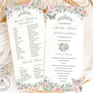 Puede incluir: Dos programas de papel rectangulares para una Quinceañera con bordes florales de rosas rosas y suculentas verdes, una ilustración de tiara plateada y detalles de mariposas. El texto incluye "Welcome to Aurelia Clara's Quinceañera" y "Special Thanks to Mis Padrinos" con listas de nombres y un orden de eventos.