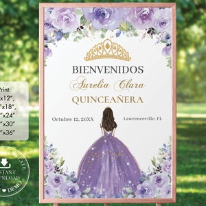 Lilac Purple Lavender Floral Princess Gold Quinceañera Welcome Sign EDITABLE Template Quince 15 XV Sweet 16 Birthday INSTANT Download QC3