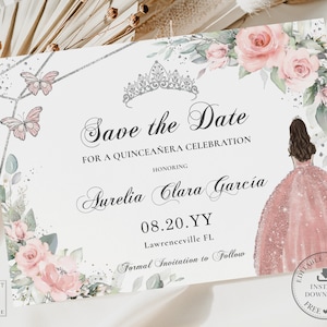 ソフトブラッシュピンクの花柄シルバークラウンキンセアニェーラの日付を保存即時ダウンロードミスキンセ15周年の誕生日編集可能なテンプレート印刷可能BP1