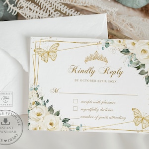 Elfenbein-weiße Blumen Schmetterlinge Quinceañera RSVP Karte druckbare EDITIERBARE VORLAGE, Prinzessin Mis Quince 15 Anos Geburtstag sofortiger Download QC21