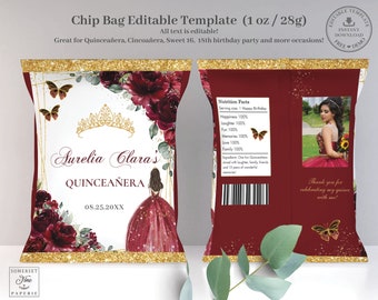 EDITABLE TEMPLATE Chip Bag Burgundy Floral Princess Butterflies Quinceañera Mis Quince 15 16th Birthday Favor Instant Download Printable QC6