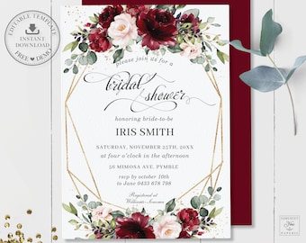 EDITABLE TEMPLATE Floral Bridal Shower Invitation, Rustic Burgundy Blush Pink Roses Printable, Chic Gold Geometric, INSTANT Download, RB1