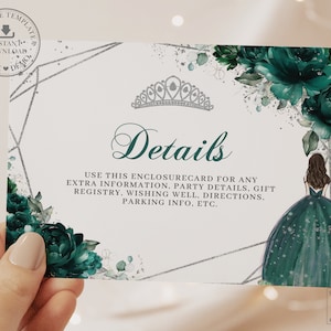 EDITABLE Template Emerald Green Floral Silver Quinceañera Details Card Mis Quince 15 Anos 16 Birthday Enclosure Diy Printable Download QC9