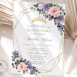 Purple Lavender Blush Pink Floral Gold Quinceañera Invitation Printable EDITABLE TEMPLATE Quince 15 Años 16th Birthday Bridal Invite QC57
