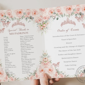 Blush Pink Floral Rose Gold Butterflies Quinceañera Program Printable EDITABLE TEMPLATE Padrinos Damas Order of Events Quince Birthday QC45