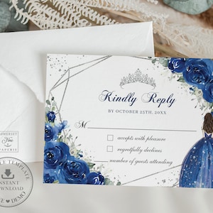 Royal Blue Floral Quinceañera RSVP Details Card Printable EDITABLE TEMPLATE Princess Mis Quince 15 Anos Diy Birthday, Instant Download, QC16