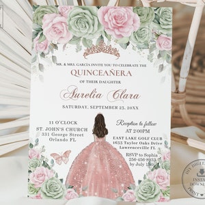 Sage Green Pink Floral Rose Gold Quinceañera Invitation INSTANT DOWNLOAD Quince 15 Anos 16 Birthday Invite Printable EDITABLE Template QC49